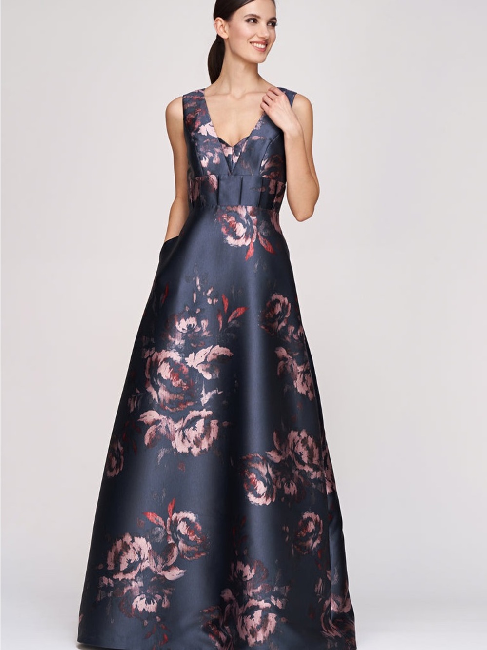 Kay Unger Alexandra Navy Floral Mikado Gown Size 12